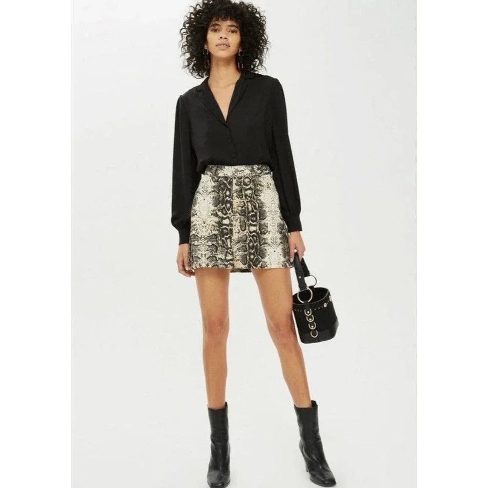Topshop Moto Brown Snake Print Denim Mini Skirt, size 8